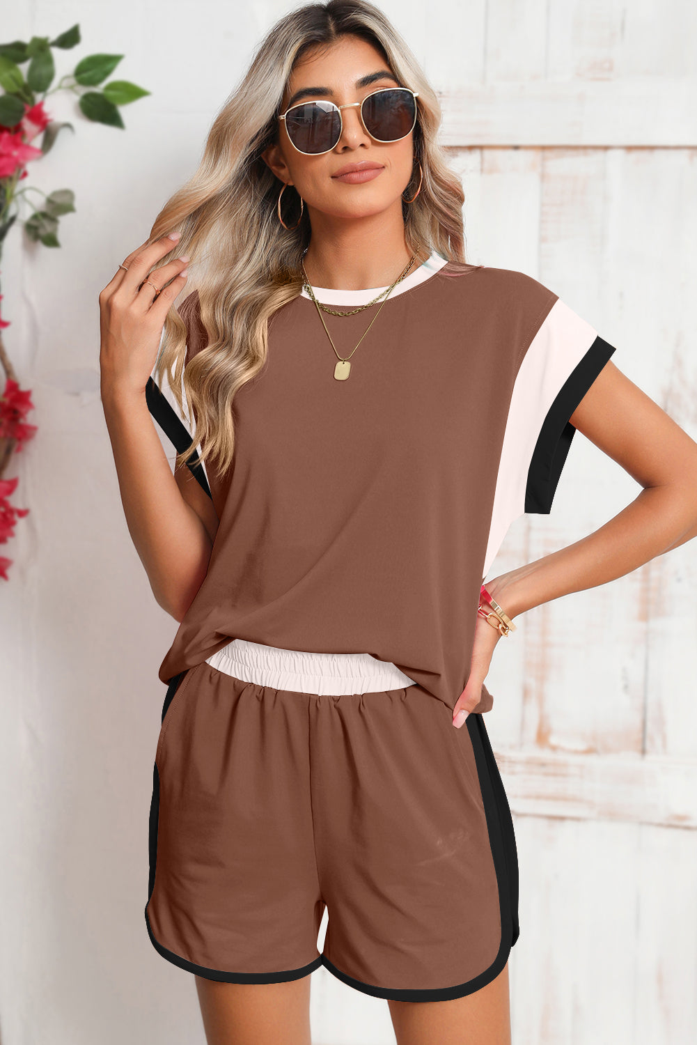 Black Color Block Loose Fit Top and Elastic Waist Shorts Set