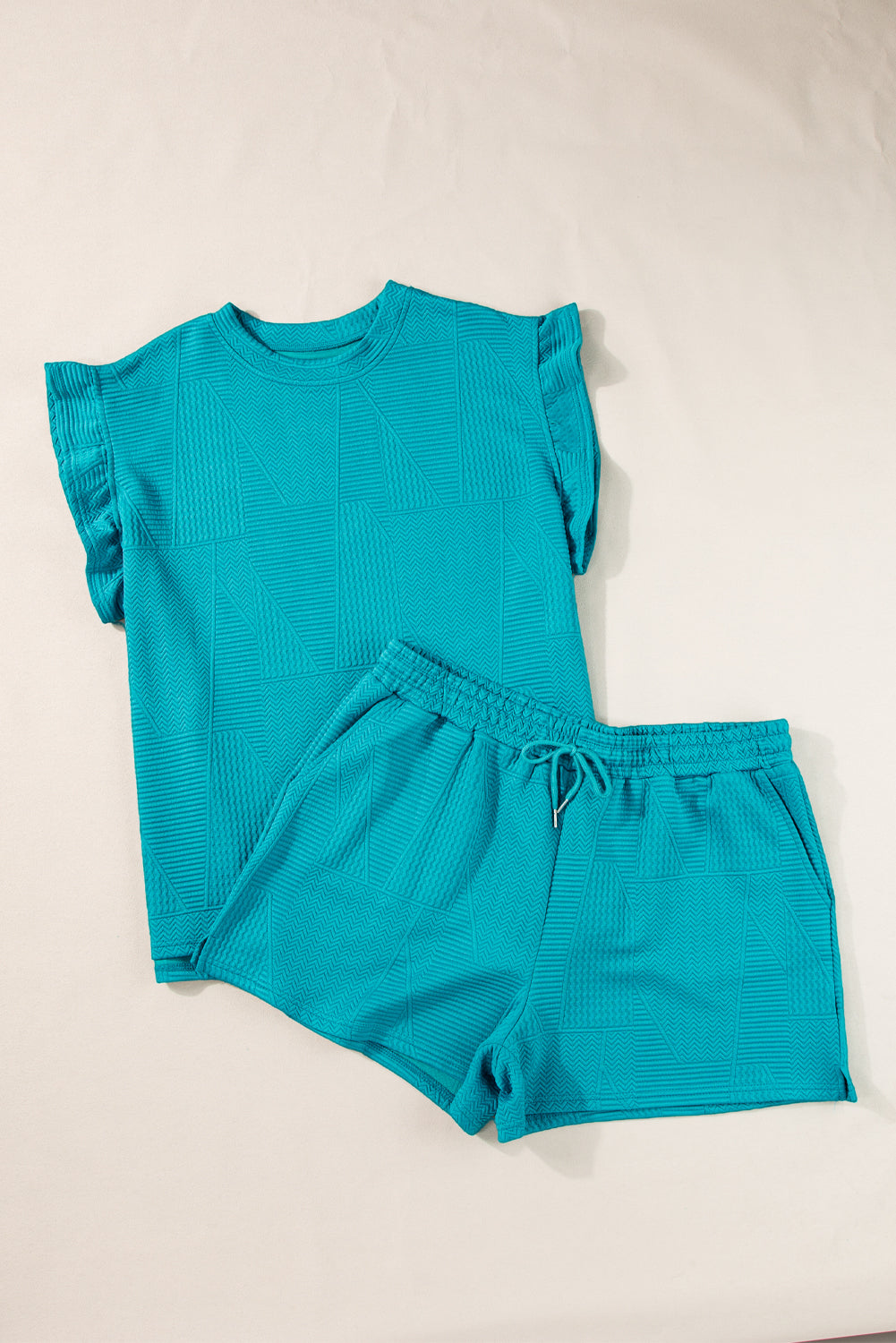 Skobeloff Textured Ruffle Split Top and Drawstring Shorts Set