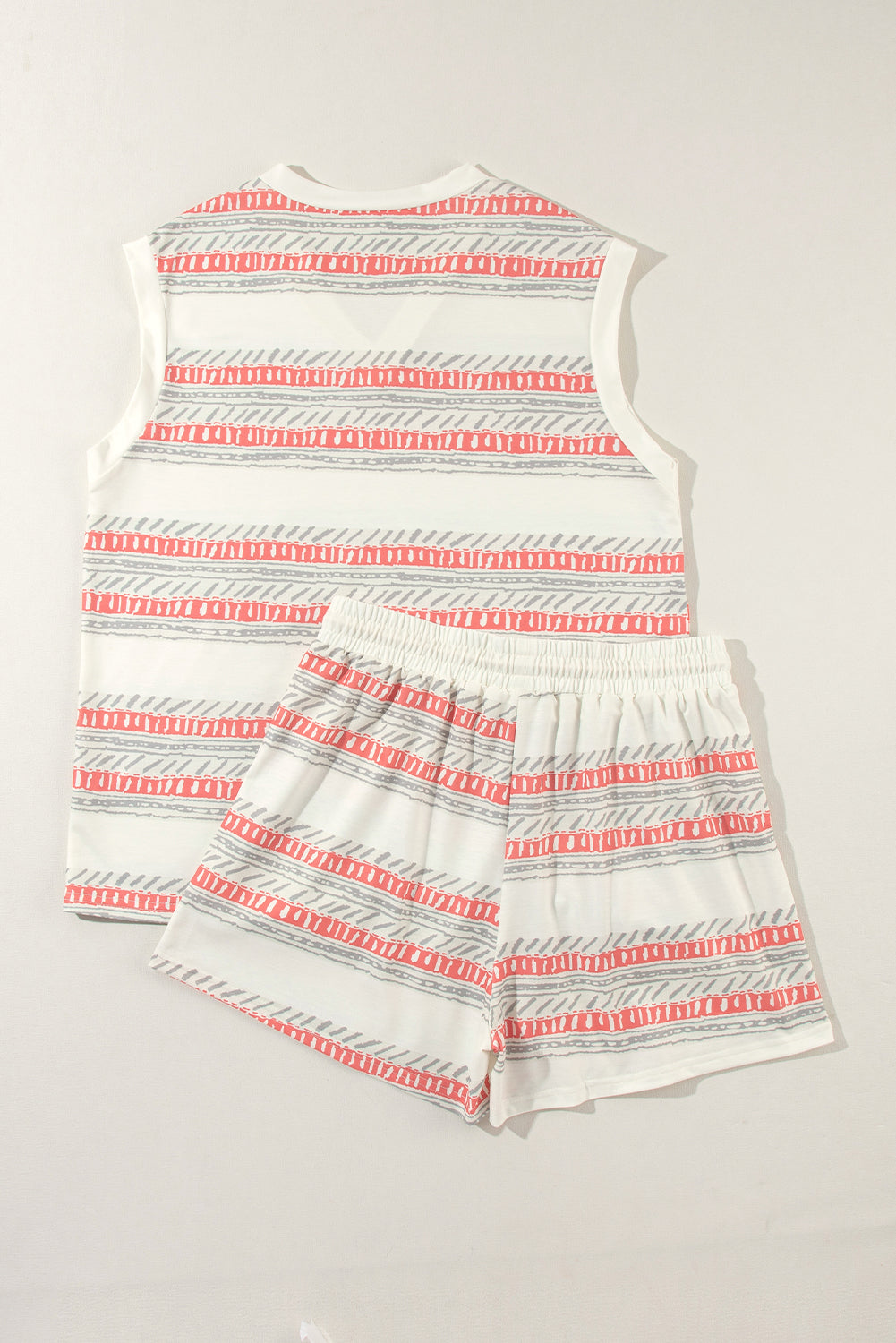 Beige Striped Print Dolman Top & Drawstring Shorts Set