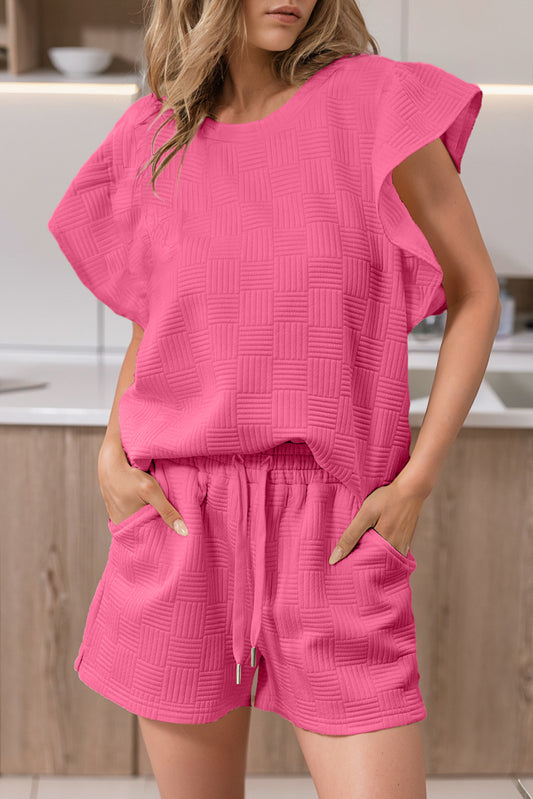 Bonbon Textured Ruffle Sleeve Tee and Drawstring Shorts Set