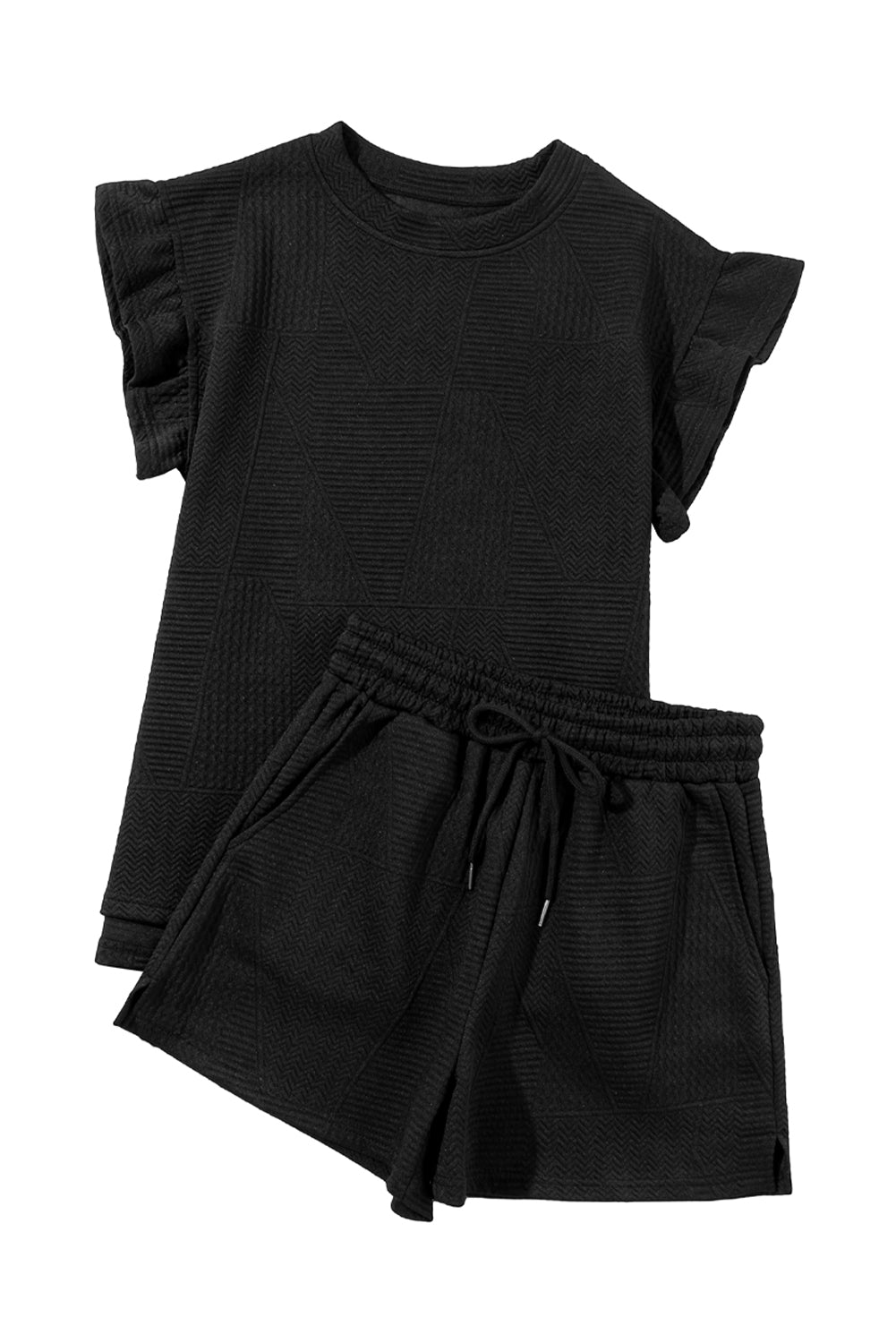 Skobeloff Textured Ruffle Split Top and Drawstring Shorts Set