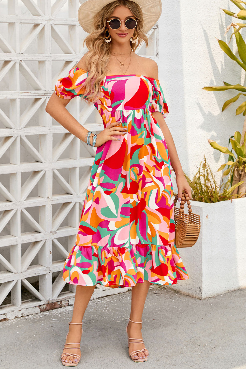 Printed Square Neck Short Sleeve Dress