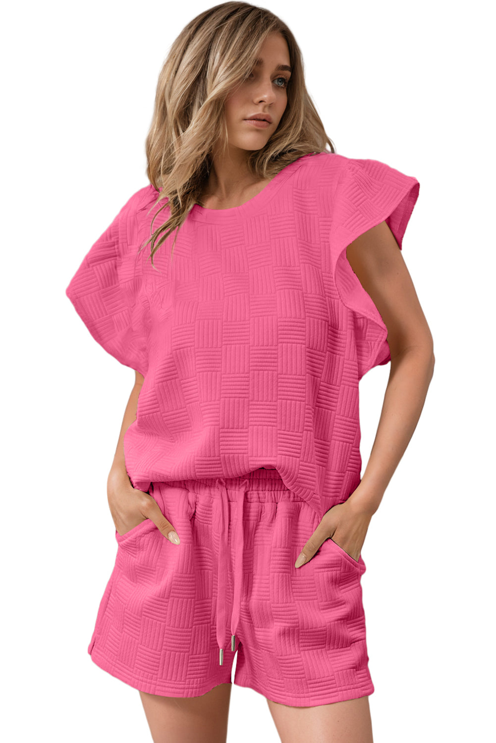 Bonbon Textured Ruffle Sleeve Tee and Drawstring Shorts Set