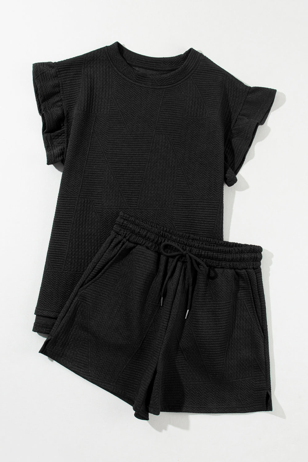 Skobeloff Textured Ruffle Split Top and Drawstring Shorts Set