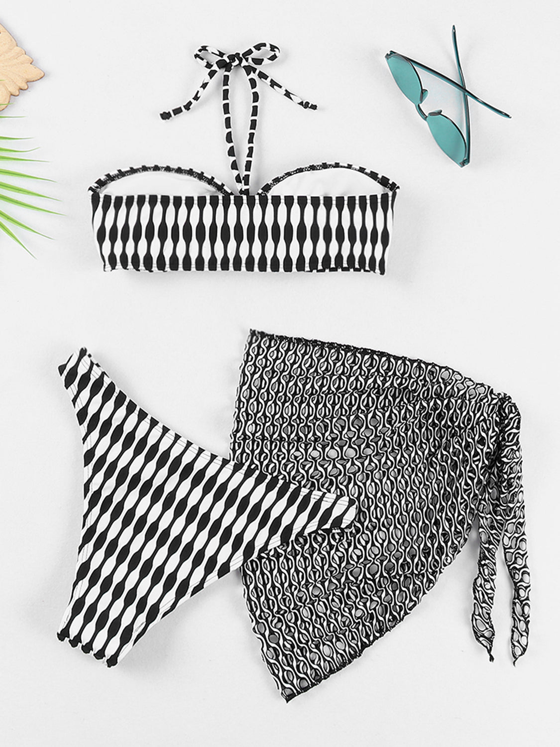 Geometric Halter Neck Three-Piece Swim Set