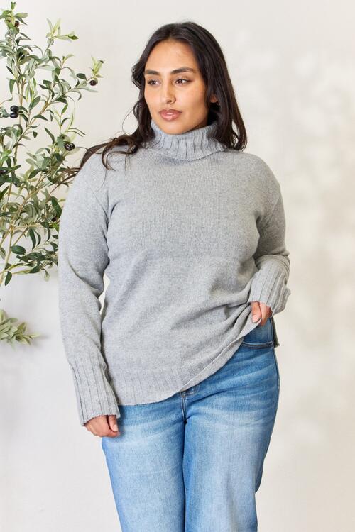 Heimish Full Size Turtleneck Long Sleeve Slit Sweater