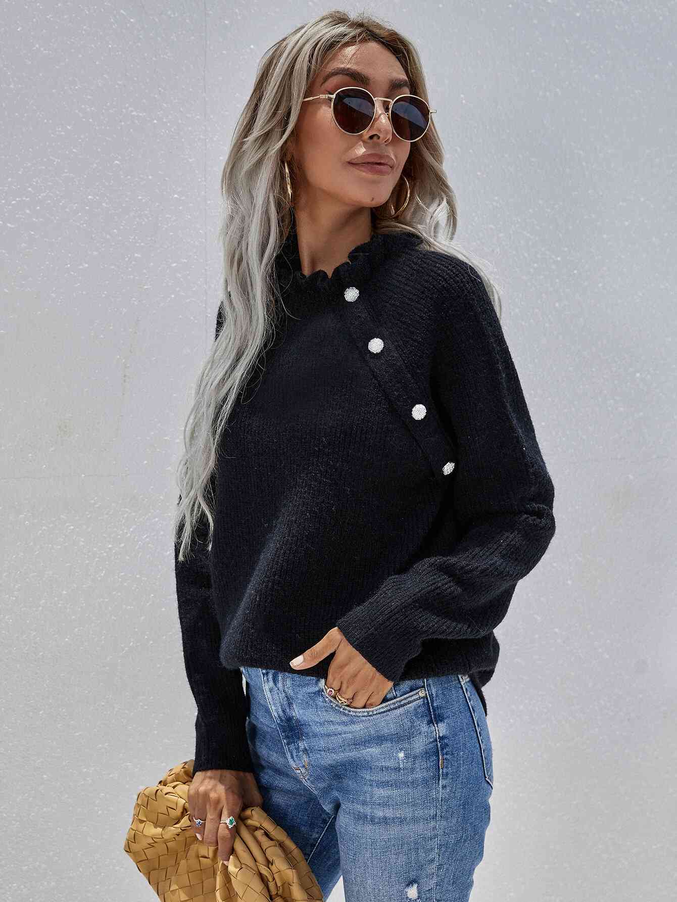 Button Detail Frill Neck Rib-Knit Sweater