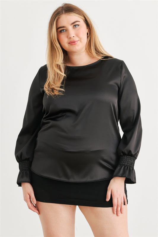 Plus Black Satin Balloon Puff Long Sleeve Top