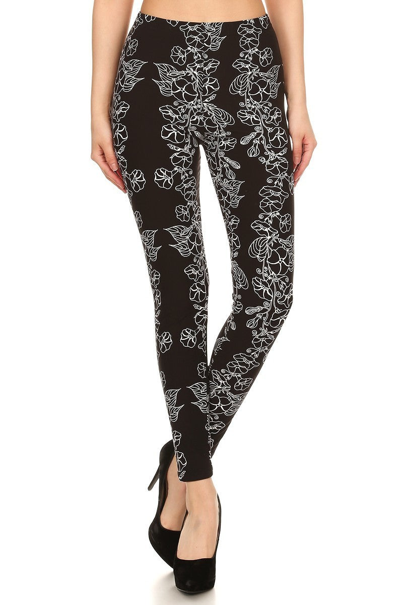 Floral Print High Waist Basic Solid Leggings