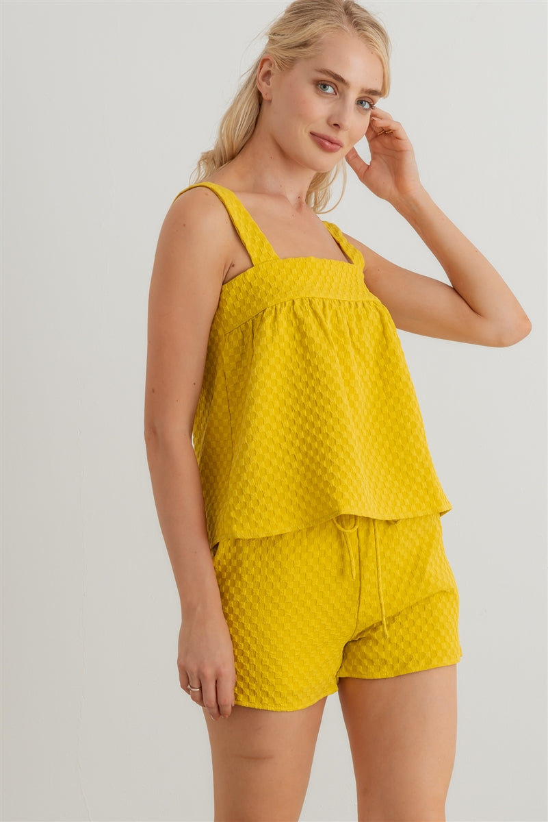 Dijon Textured Sleeveless Flare Top & High Waist Two Pocket Shorts Set