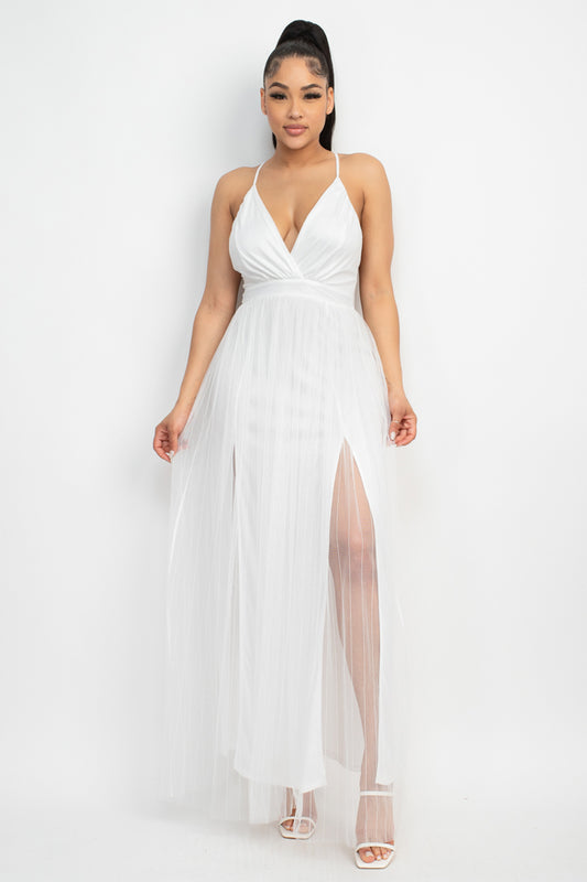 Pleated Mesh Slit Maxi Dress