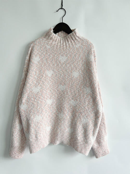 Heart Heathered Turtleneck Drop Shoulder Sweater